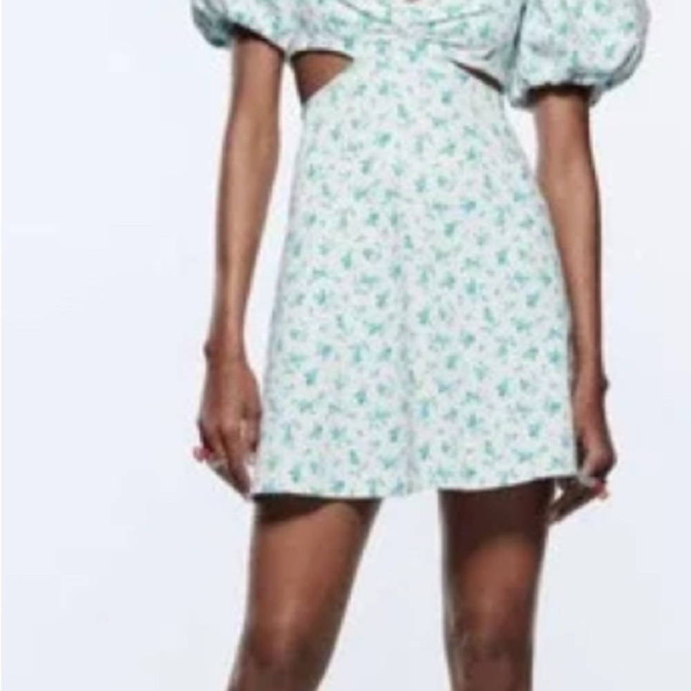 Zara Blue  Puff Sleeve Sweetheart Mini Dress